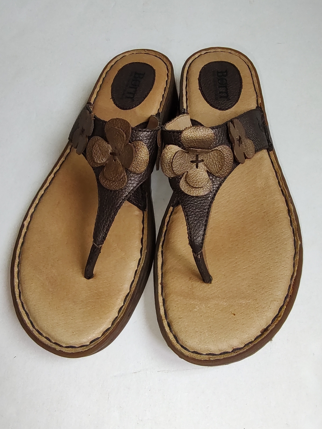 Born Leather Thong Flip Flops Strappy 3d Flowers Brown Bronze Sandals Shoes 37.5